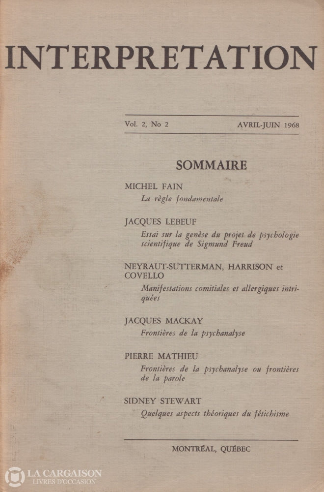 Collectif. Interprétation:  Revue Trimestrielle - Volume 2 Numéro (Avril-Juin 1968) Livre