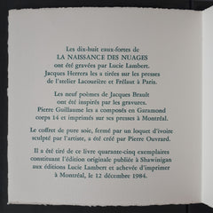 BRAULT-LAMBERT. Naissance des nuages (La) - Poèmes de Jacques Brault, Eaux-Fortes de Lucie Lambert