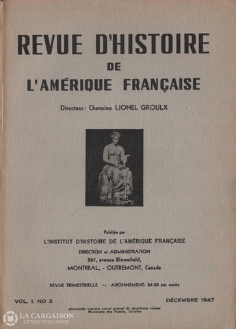Collectif. Revue Dhistoire De Lamérique Française - Vol. I No 3 (Décembre 1947) Livre